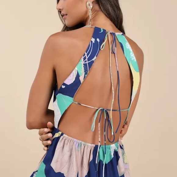 Lulus Hours of Flowers Blue Multi Floral Lace-Up Tiered Midi Dress Size XS - Picture 3 of 13